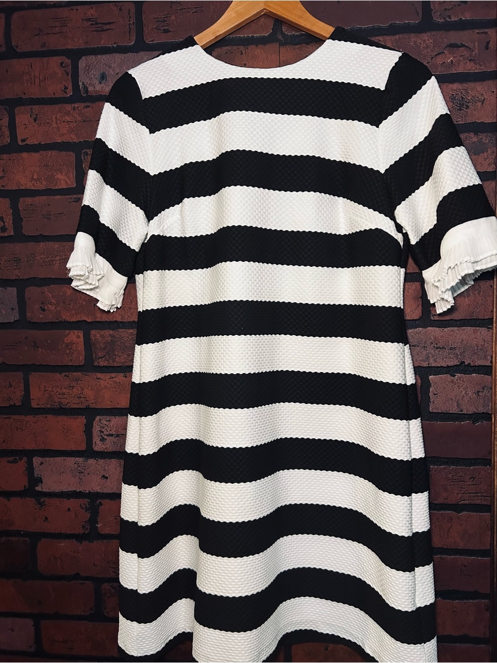 Black & White Striped Midi Dress with Ruffle Sleeves